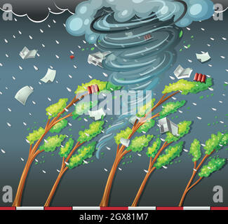 Vector illustration of tornado storm hit the town. Hurricane in village ...