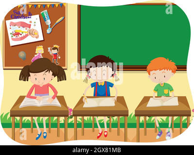 Three Students Learning in Classroom Stock Vector