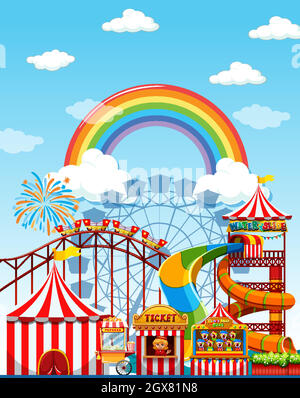 Amusement park scene at daytime with rainbow in the sky Stock Vector ...