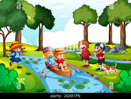 Two kids row the boat at water fall with their friends on white background Stock Vector