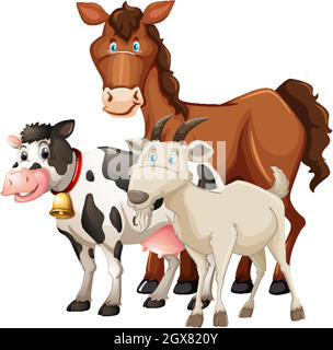 Group of farm  animals horse, cow and sheep isolated on white background Stock Vector