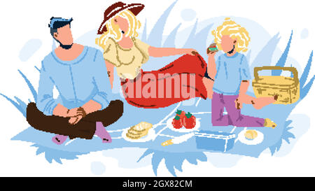 Family Picnic Man, Woman And Girl In Nature Vector Stock Vector