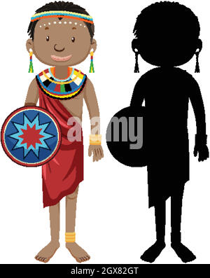Set of people of African tribes character with its silhouette Stock Vector