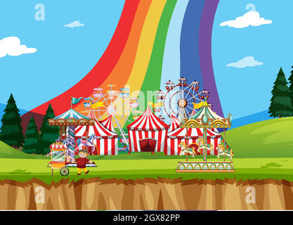 Circus scene with tents and many rides Stock Vector