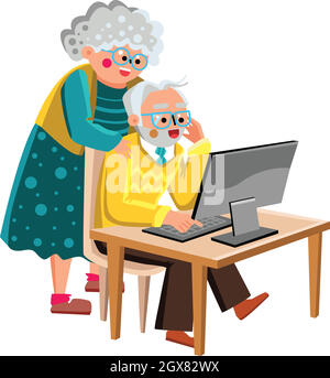 Grandma And Grandpa Working On Computer Vector Stock Vector
