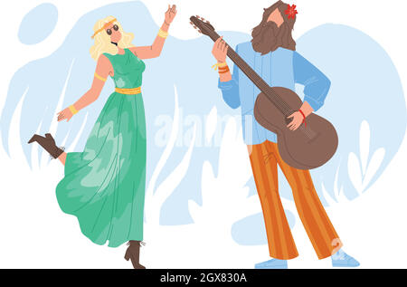 Hippie Couple Dancing And Playing On Guitar Vector Stock Vector