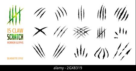 Claw scratch vector illustration. Set of cruel animal scratches horror and grunge concept in silhouette isolated on white background. Stock Vector
