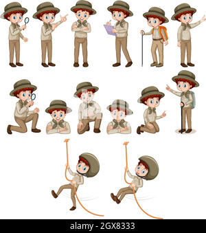 Boy in safari outfit doing different poses Stock Vector