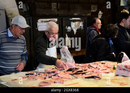 The colorful morning fish market in Catania, Italy. Stock Photo