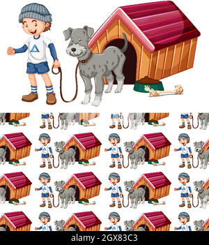 Seamless background design with dog and boy