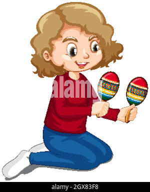 Cute girl playing maracas on white background Stock Vector