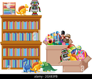 Shelf full of books and toys on white background Stock Vector