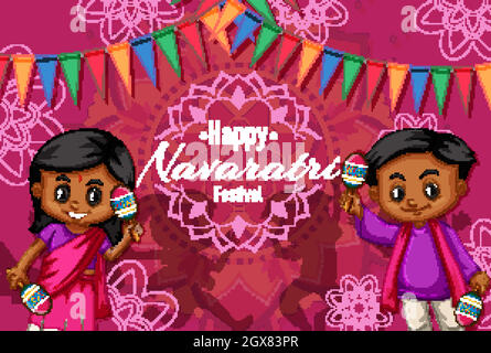 Navaratri poster design with happy children Stock Vector