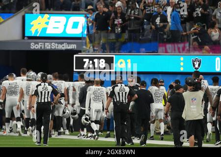 Inglewood, United States. 04th Oct, 2021. The Las Vegas Raiders head back into the locker room prior to game with the Los Angeles Chargers during a weather delay at SoFi Stadium on Monday, October 4, 2021 in Inglewood, California. Photo by Jon SooHoo/UPI Credit: UPI/Alamy Live News Stock Photo