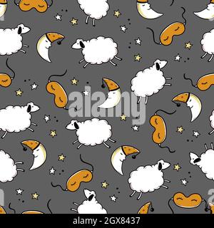 Sleep, bed time seamless pattern. Zzz, dream time kids background. Hand drawn sketch doodle style. Sheep, sleep mask, moon element. Vector illustration. Stock Vector