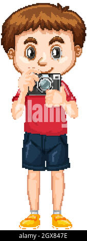 Cute boy in red shirt holding camera on white background Stock Vector