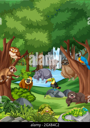 Wild animal cartoon character in the forest scene Stock Vector