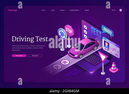 Driving test banner. Education in driver school, online quiz and pass exam. Vector landing page with isometric illustration of laptop with test, car on road, traffic cone, signs and id card Stock Vector