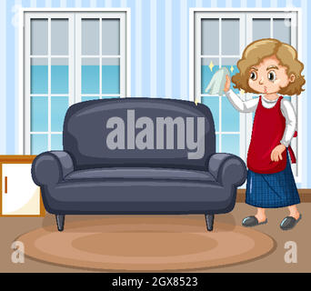 Scene with woman cleaning windows at home Stock Vector