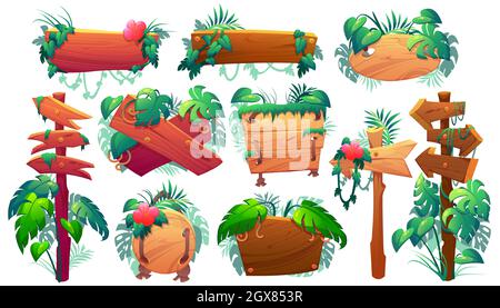 Wooden signboards in jungle, plank and pointers with green leaves and lianas. Vector cartoon set of wood panels, timber boards and direction signs with plants in forest isolated on white background Stock Vector