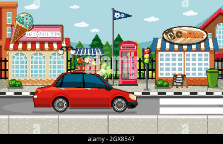 Street side scene with ice cream shop and coffee shop and red car on the street scene Stock Vector