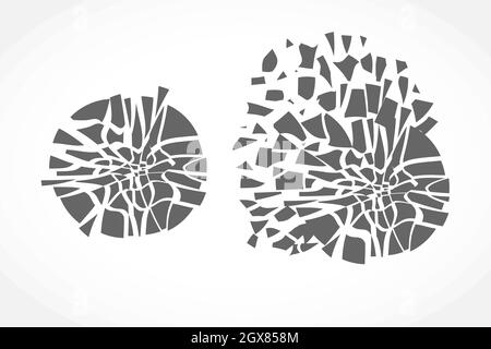 Broken pieces of glass or ice. Creative sign. Abstract isolated graphic design template. Fractured circle. Flat elements. Round decoration. Black and Stock Vector