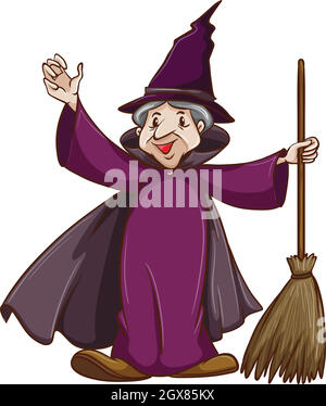 A coloured sketch of a witch with a broom Stock Vector