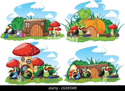 Set of fantasy houses in the garden with cute animals isolated on white background Stock Vector