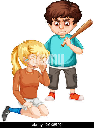 Crying girl and angry man with baseball bat Stock Vector