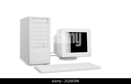 3D rendering old white computer standard workstation, crt white screen, atx case, mouse keyboard wireless isolated on a white background with clipping Stock Photo
