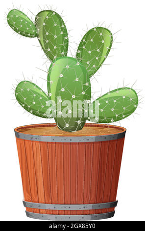 Prickly Pear Cactus in a wooden pot on white background Stock Vector