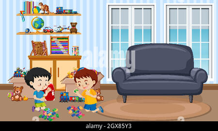 Scene with two boys playing in living room Stock Vector