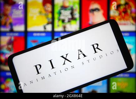 Ukraine. 05th Oct, 2021. In this photo illustration a Pixar Animation Studios logo is seen on a smartphone screen. Credit: SOPA Images Limited/Alamy Live News Stock Photo