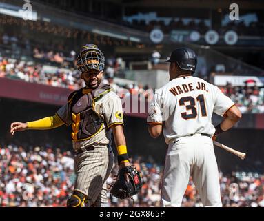 San Diego Padres catcher Webster Rivas returns to home plate in the third  inning of a baseball game against the San Francisco Giants in San  Francisco, Sunday, Oct. 3, 2021. The Giants