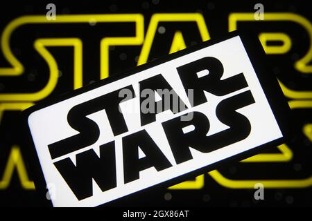 Ukraine. 05th Oct, 2021. In this photo illustration a Star Wars logo is seen on a smartphone screen. (Photo by Pavlo Gonchar/SOPA Images/Sipa USA) Credit: Sipa USA/Alamy Live News Stock Photo