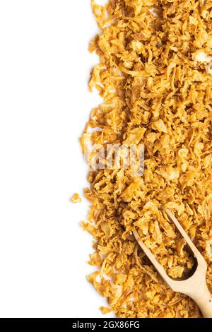 Pieces of fried onions isolated on white background. Stock Photo