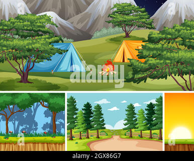 Four different scenes in nature setting cartoon style Stock Vector