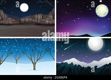 Set of nature landscape at night Stock Vector