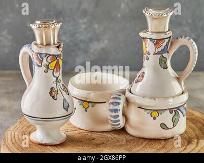 Antique crockery, two ceramic decanters for wine Stock Photo