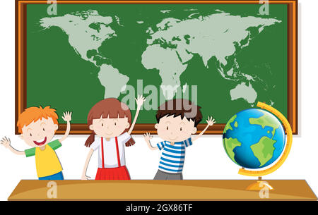 Three students study geography in class Stock Vector