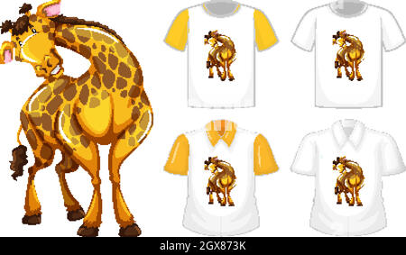 Giraffe in stand position cartoon character with many types of shirts on white background Stock Vector