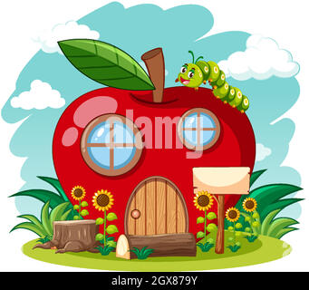 Red apple house and cute worm in the garden cartoon style on sky background Stock Vector
