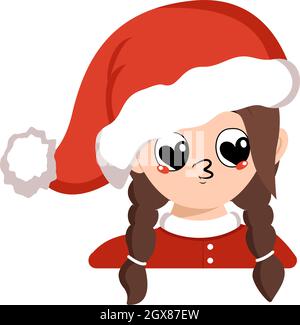 Girl with big heart eyes and kiss lips in red Santa hat. Cute kid with loving face in carnival costume for New Year, Christmas and holiday. Head of ad Stock Vector