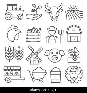 Farm line icons set on white background Stock Vector