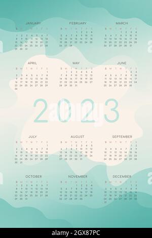 2023 calendar with turquoise teal green gradient fluid wave shapes. vertical annual template for print and digital. Week starts on Sunday Stock Vector