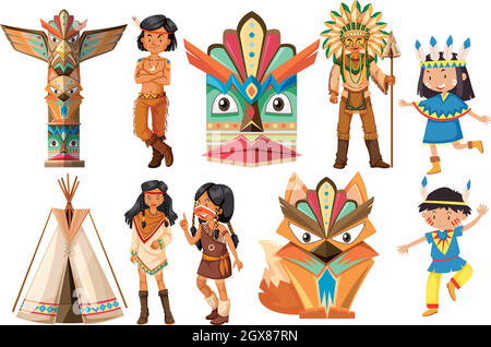 Native american indians and traditional items Stock Vector