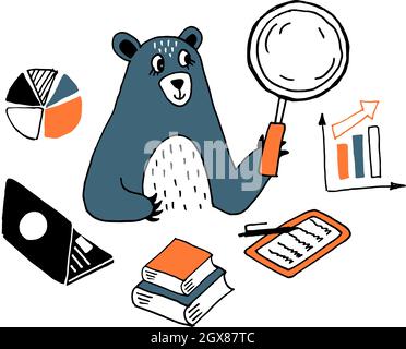 Illustration of a research businessman. Money, finance research. Bear analyzing figures. Hand drawn vector illustration doodle style. Badge, tag for Stock Vector