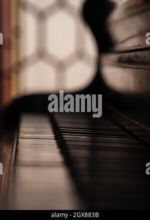 Selective focus on single piano key. Isolated key in dark moody lighting musical instrument.  Keyboard reflecting surroundings. Stock Photo