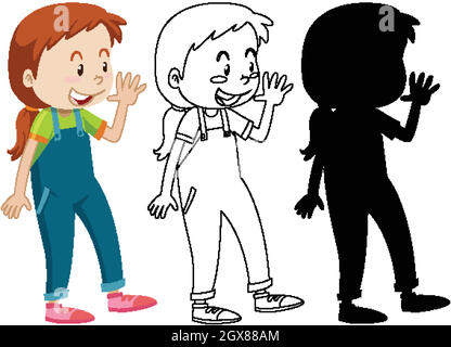 Girl greeting someone posing with its outline and silhouette Stock Vector