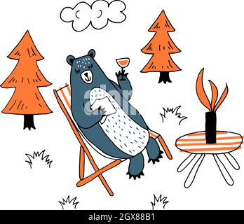 Cute happy bear sitting in a deck chair drinking fancy cocktail, relaxed smile. Hand drawing vector illustration doodle style. Badge, tag for children Stock Vector